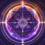 A close-up of a glowing Sri Yantra, surrounded by floating mantra scripts and cosmic energy rings.